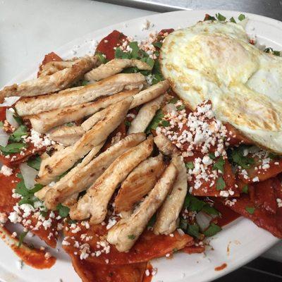 Chilaquiles- Green or Red, with steak or chicken and eggs