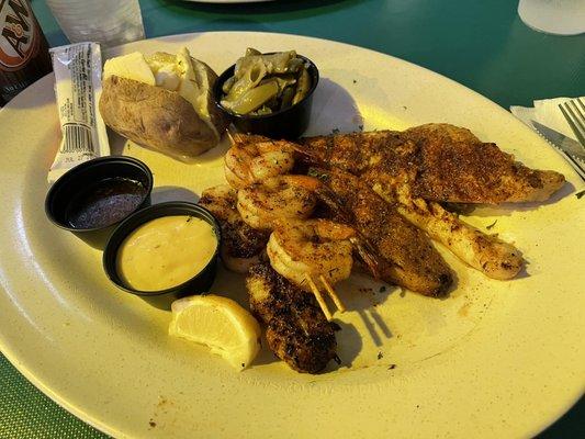 Blackened red snapper, shrimp, and scallops.