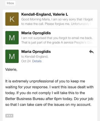 I had to crop out my address and phone number but you get the idea. Proof that I did not receive a reply from Valerie.