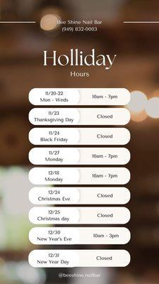 Our update Holliday Hours