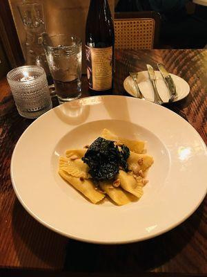 Hand-made pear, cambozola and hazelnut mezzaluna ravioli, sage brown butter, toasted hazelnuts