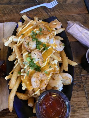 Garlic Shrimp Loaded Fries, amazing! Great size serving, this is a must get!