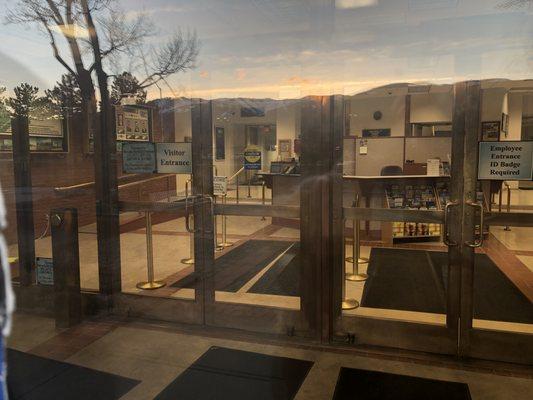 Wednesday, April 10, 2019: inside view of headquarters through front doors.