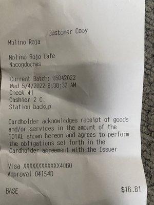 Receipt showing charge for 1 lb of barbacoa.