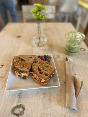 Curry chicken salad sandwich and Basil coconut smoothie