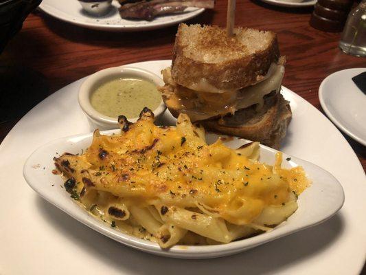 Lobster Grilled Cheese and Mac and Cheese with a side of green chili soup