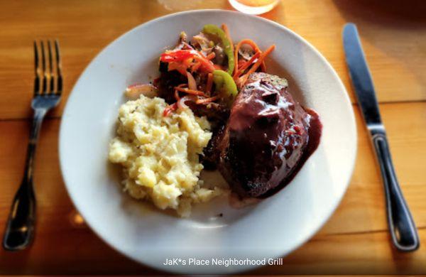 Filet mignon with Jack Daniel's mushroom and onion port wine reduction