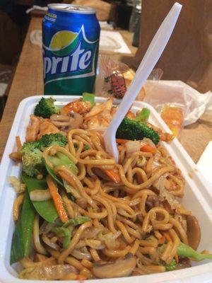 Chicken and broccoli with vegetable lo Mein, sprite, fortune cookie and egg roll that comes with combo!