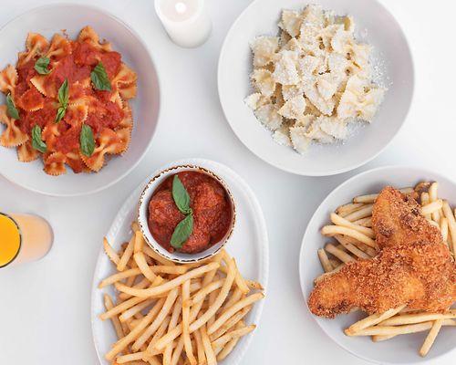 Kids dishes: pastas, meatballs, and chicken fingers