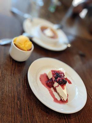 Cheesecake , Mango  sorbet, and Crème brûlée