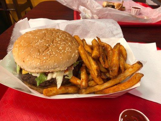 New cheese burger with seasoning fries