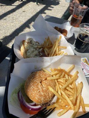 Hamburger, fries, Bratwurst with Sauerkraut