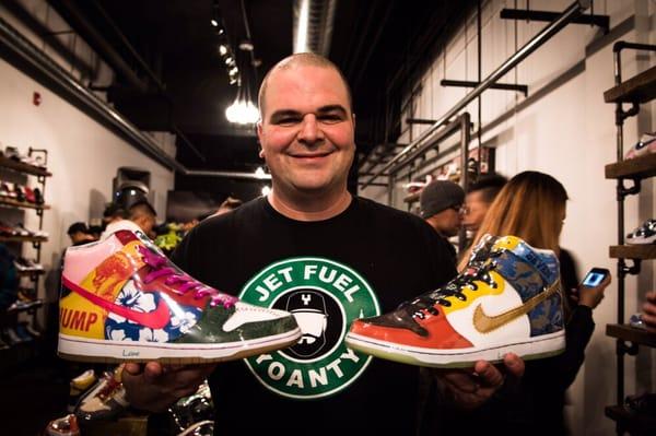 Sneaker Social with Shoezeum. He is holding a rare Nike Dunk What The Doernbecher