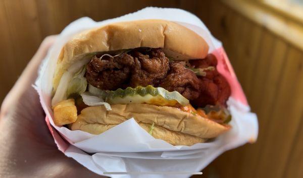 Spicy chicken deluxe, with a sneaky little fry on the left