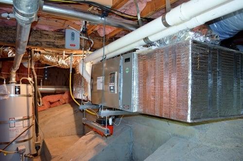 High efficient variable speed horizontal application furnace suspended in crawl space with healthy climate air cleaner