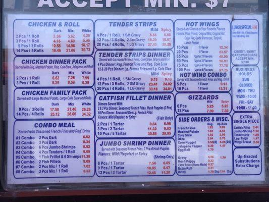 Recent photo of menu with prices taken today  February 24, 2021. Also they closed on Sunday. Really good gizzards.