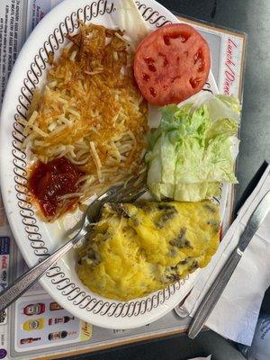 Cheesesteak omelet with lettuce tomatoe hash brown