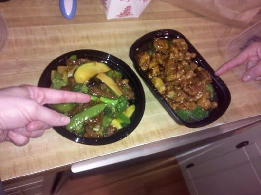 (left hand) beef w/garlic saucey, (right hand) orange chics