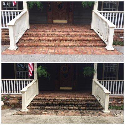 A before and after of our concrete cleaning service. You can see the difference!