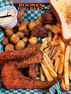 Fish plate, fries, okra, hushpuppies,Texas toast and house made tarter sauce!