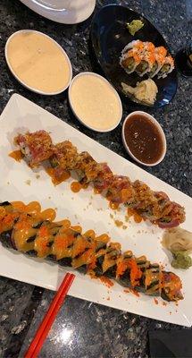 Spicy Tuna Roll, Red Devil Roll, Mumbo Jumbo Roll. Eel sauce, yum yum sauce, spicy mayo.