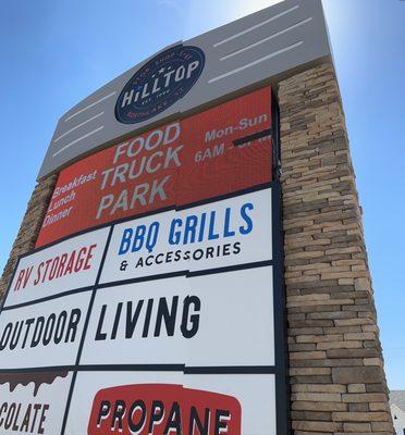 Hill top Northlake sign. Truck foods and lots of tables.