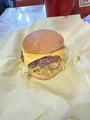 1/3lb cheese burger with mustard. Hot and Juicy!