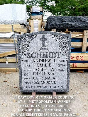 Traditional Gray granite monument for All Faiths Cemetery in Queens, NY. Double processed & v-sunk lettering.