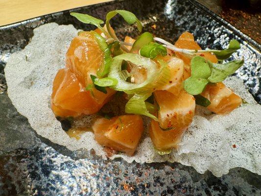 Salmon Poke, Rice Crisp.