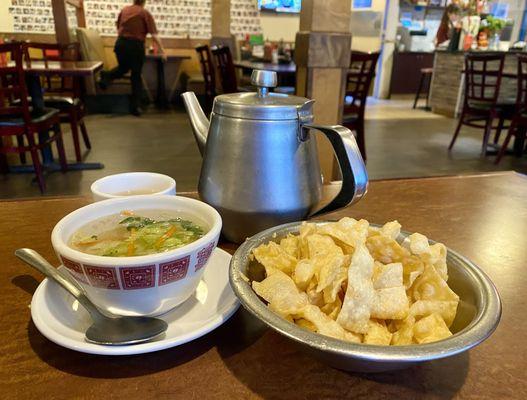 Wonton soup and hot tea.