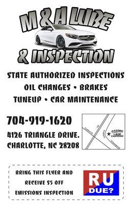 bring this flyer in and you receive $5 off Emission state inspection!