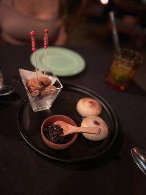 Small bites, Mushroom buns, popcorn chicken and house chili crisp.