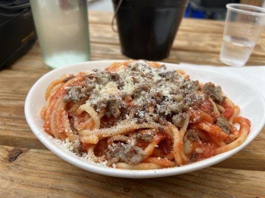 Pomodoro pasta with added sweet sausage