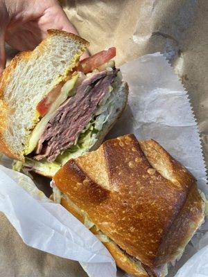 Roast beef sandwich, all typical toppings with sourdough roll