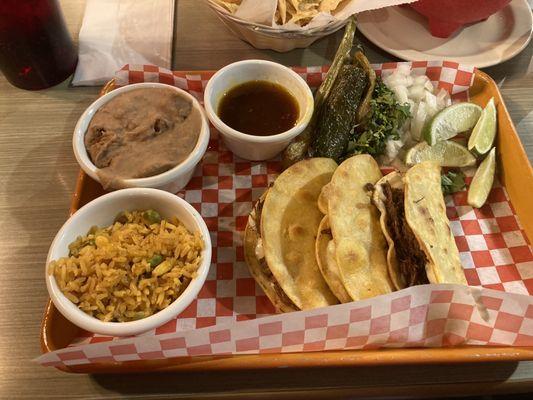 Taco Tuesday Birria taco plate $9.99 w/rice and beans