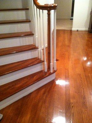 Floors, Stair Treads and Handrail sanded and refinished to closely match.