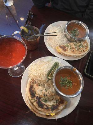 Tikka Masala Curry , Cilantro Garlic Egg Paratha , Cosmopolitan , Moscow Mule