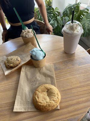 Blue coconut, Ube Milk Shake, cookies and cream, snickerdoodle, and chocolate chip