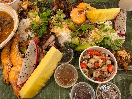 Eggplant salad, garlic shrimp, sisig