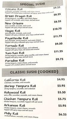 Special sushi and classic sushi menu