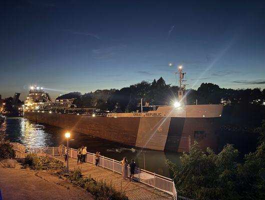 Shipping boat navigating the river