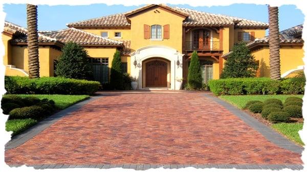 Clay Brick Driveway with Charcoal Paver Border