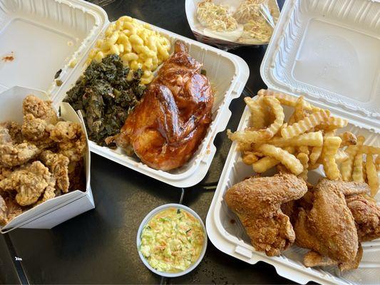 Fried gizzards, fried chicken, wings, barbecue chicken, collard greens, macaroni and cheese, green slaw, and deviled eggs