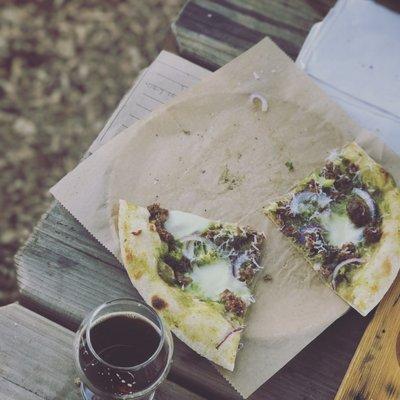 Pesto pizza and a side of oyster stout. Very good!