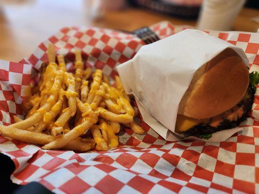 Cheeseburger with cheese fries