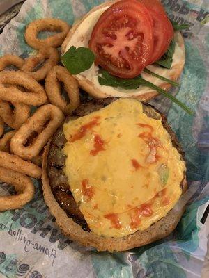 Impossible burger deconstructed at home. Added my own tomatoes, spinach and mayo.