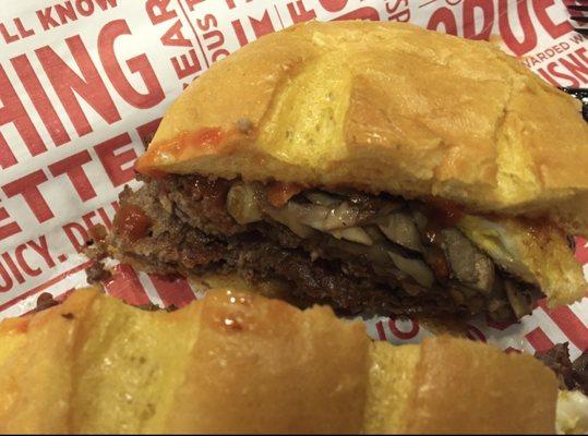 Smash burger. Fried egg with onions