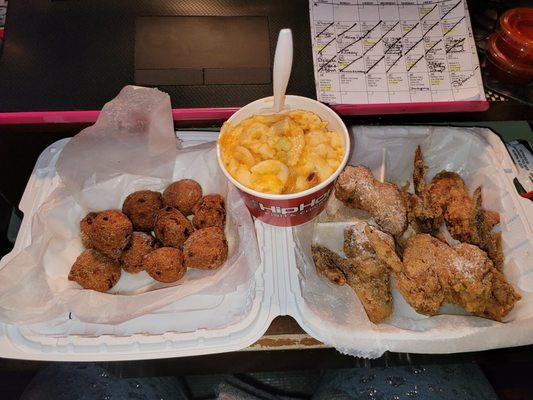 Chicken Wings, Hush Puppies and Mac and Cheese.