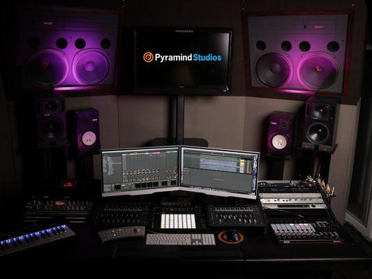 Pyramind's Studio A: Pro tuned room with soffit mounted Tanoy speakers, JBL & Genelec studio monitors.