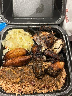 Jerk chicken, Rice and Peas, cabbage, plantain